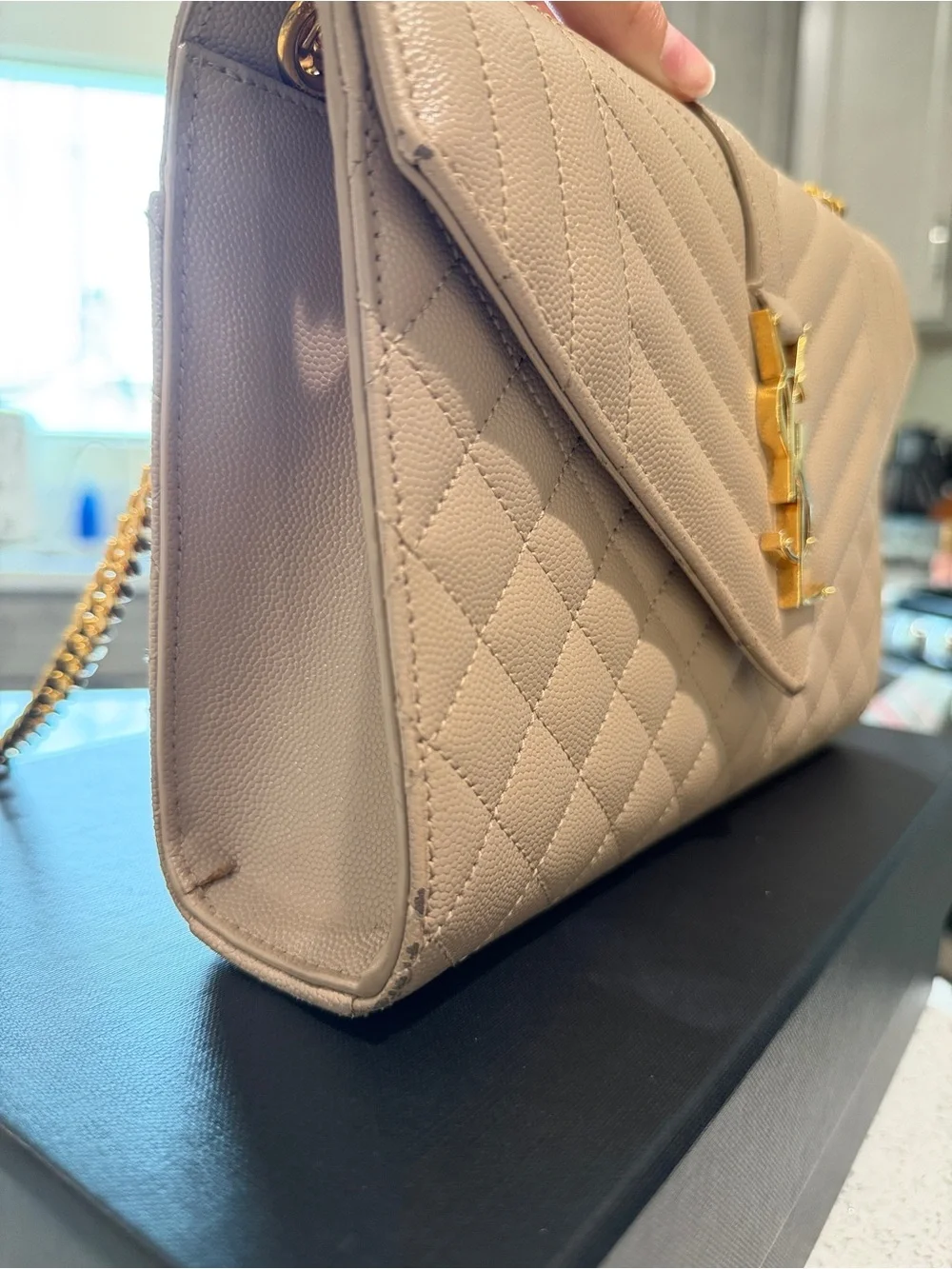 Saint Laurent Quilted Envelope Shoulder Bag in Beige with Gold Hardware